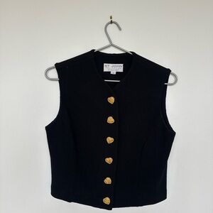 Vintage St. John Black Knit Sleeveless Vest with Gold Heart Buttons